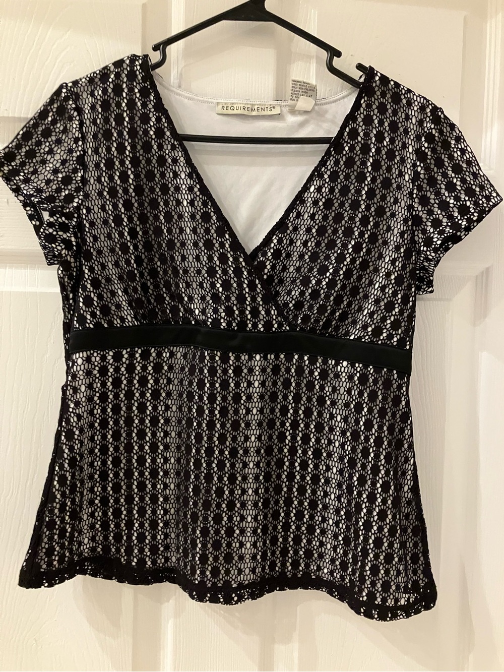 REQUIREMENTS Black Overlay V-Neck Short Sleeve Top